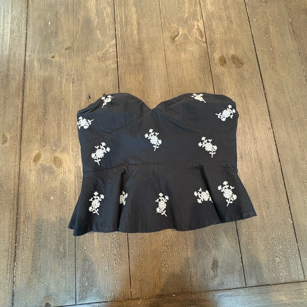 Zara Black Strapless Top with White Embroidery